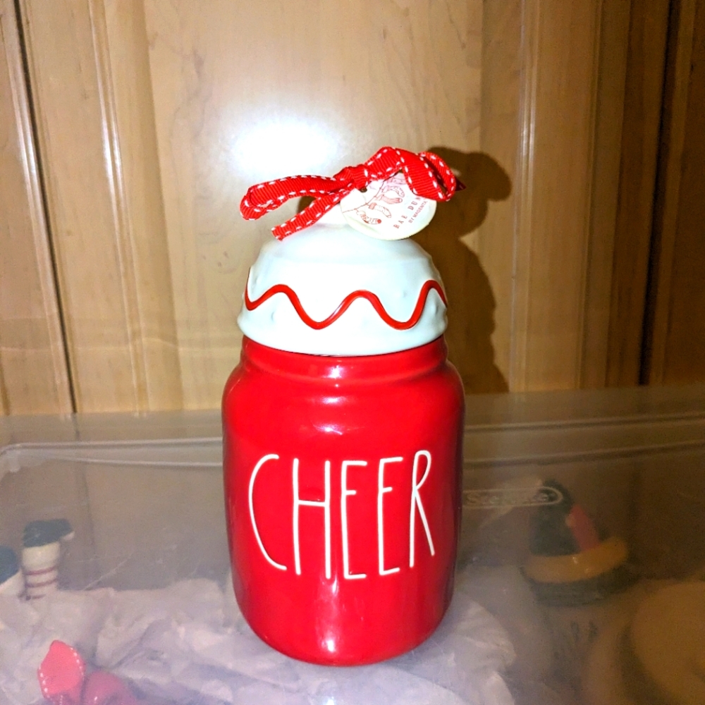 Htf Rae Dunn red Christmas cheer canister with ornament topper. farmhouse decor
